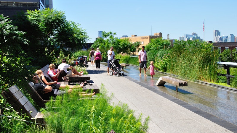 The High Line’s popular and ingenious water feature was in use on a perfect summer day.