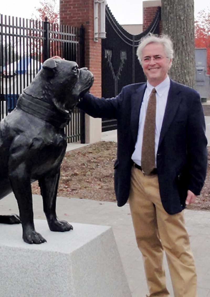 Mark Simon with the newly-installed Handsome Dan at the Yale Bowl.